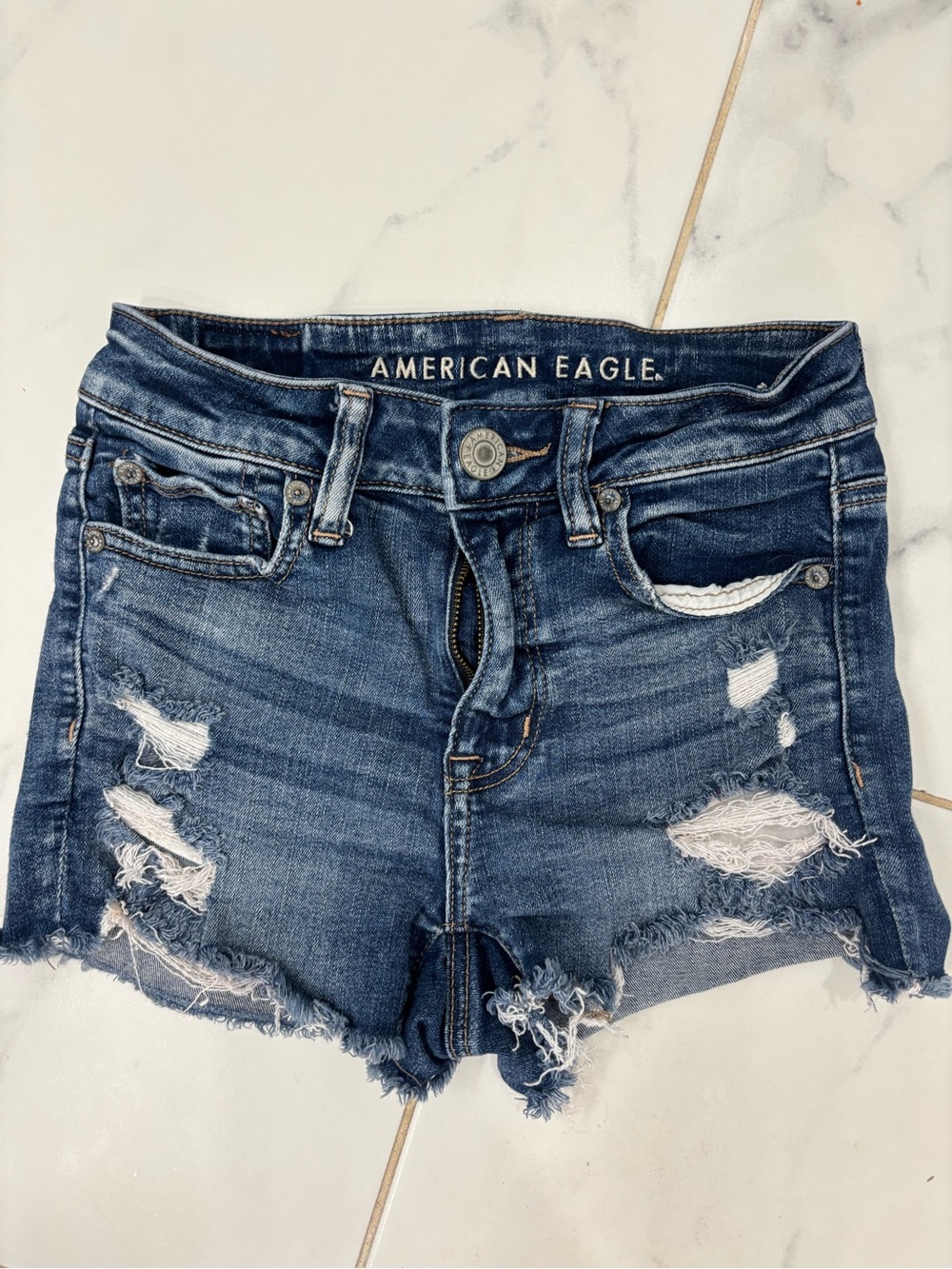 American Eagle Outfitters Dark Blue Distressed Denim Jean Shorts